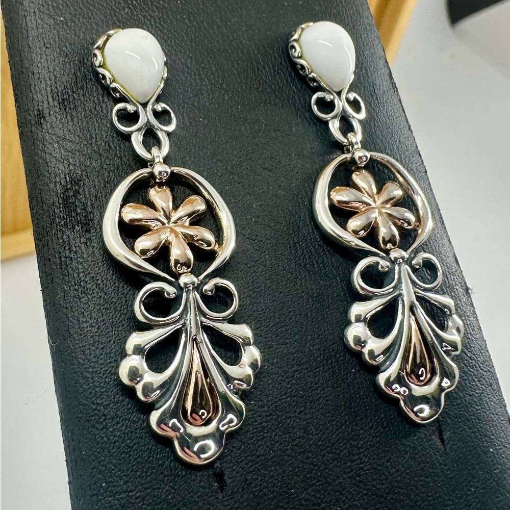 CAROLYN POLLACK Sterling Silver Copper White Agate Filigree Scroll Post Earrings